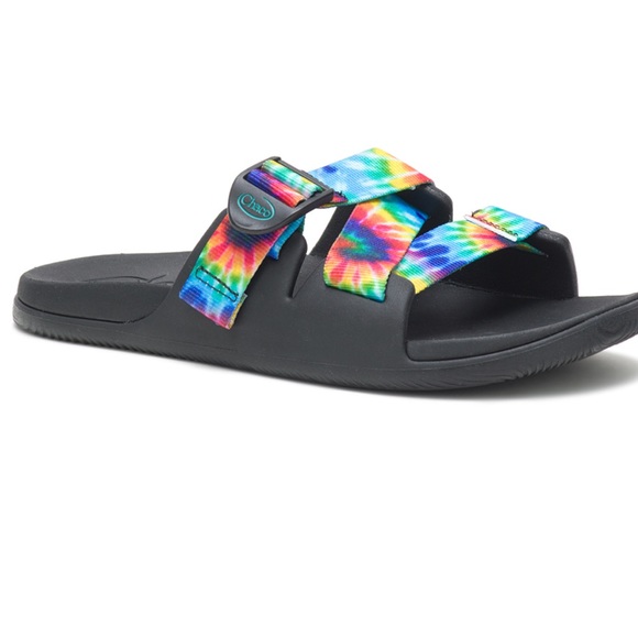 Chaco Women's CHILLOS Slide Sandal Flip Flop Tie Dye Sz 8 NEW Black Rainbow - Picture 1 of 9